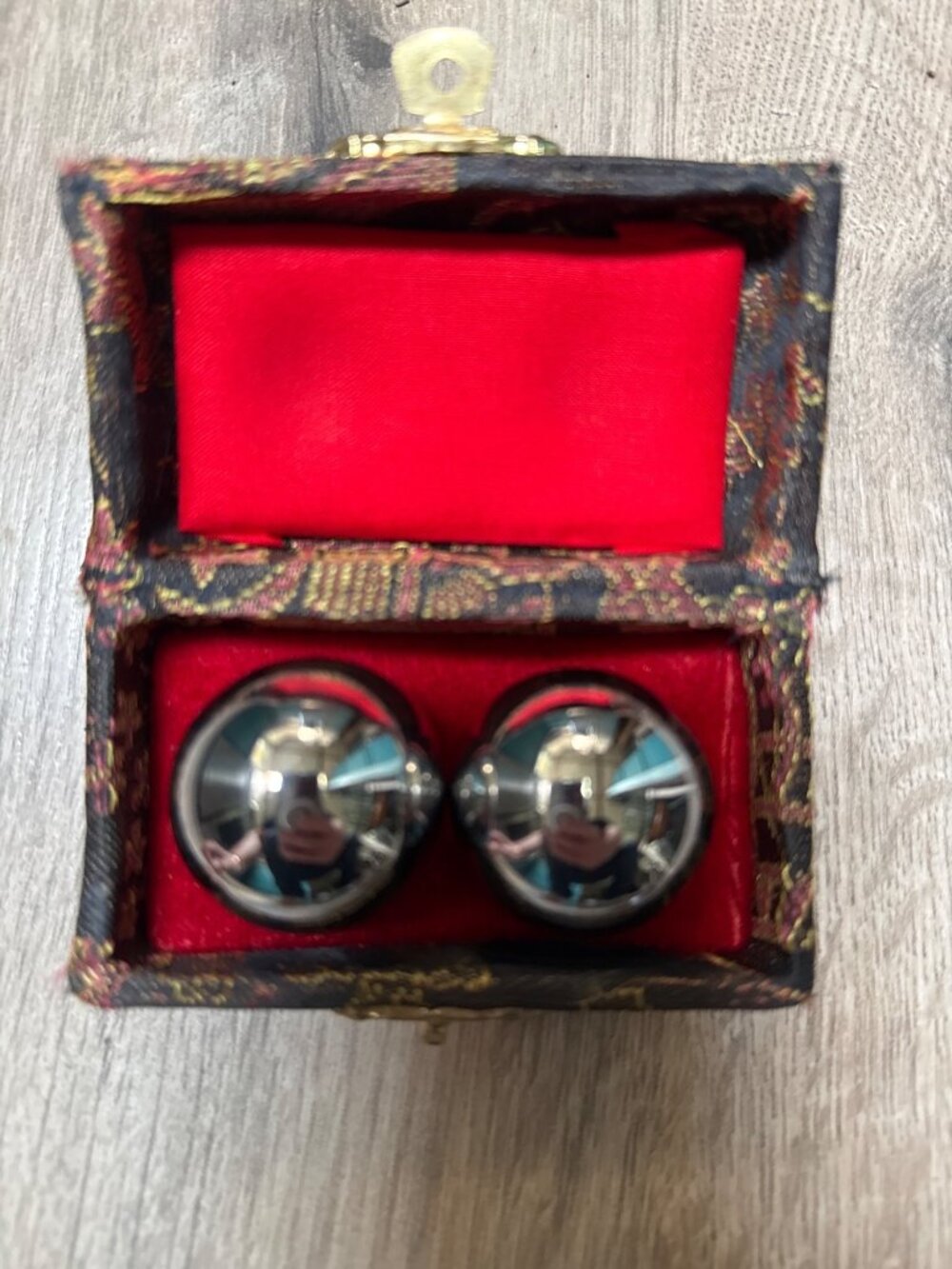 Decorative Asian-Themed Box Two Chrome Stress Balls Red Satin Lining Gold Clasp